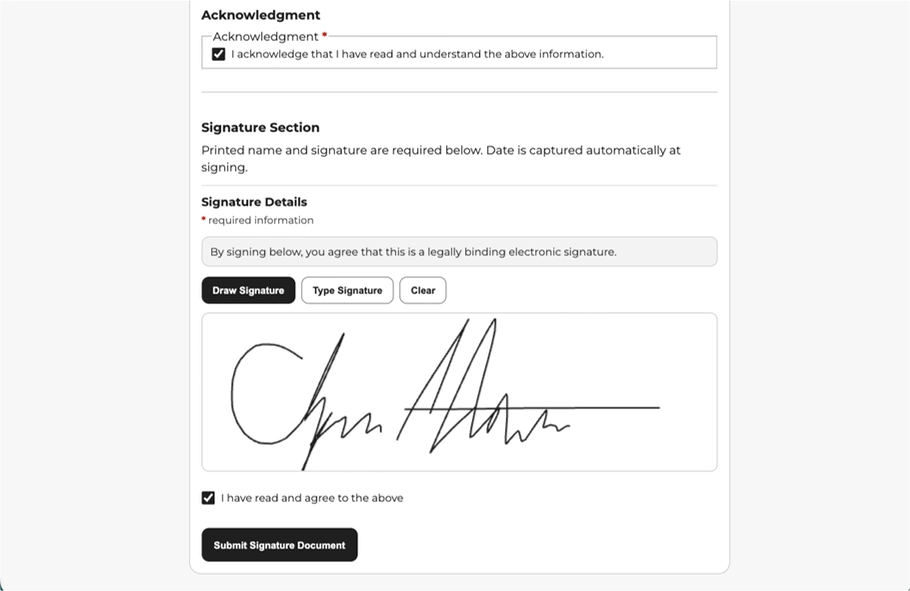 Online signature capture view